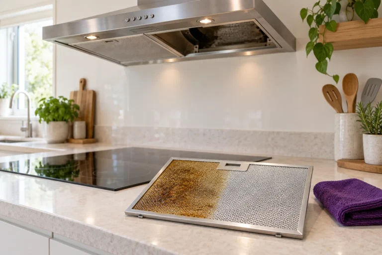 Kitchen extractor grease filter, half greasy and half clean, below a stainless steel cooker hood